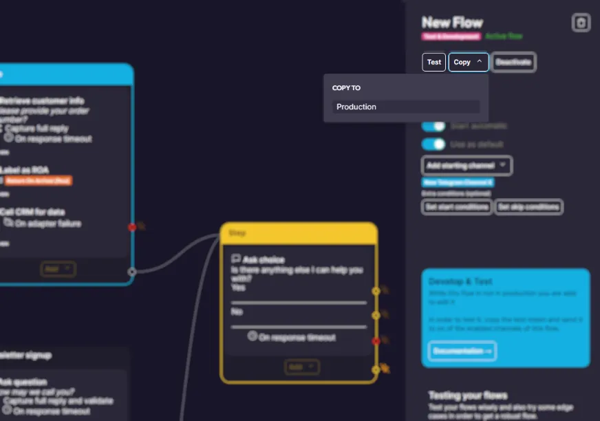 Test and production versions of a flow